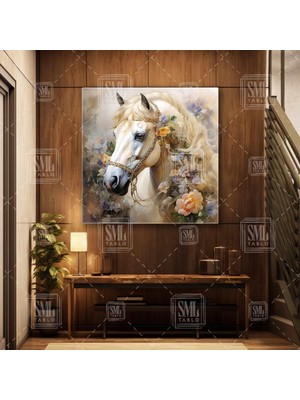 SML Tablo Çiçekler Içinde Beyaz Yeleli Asil At Kare Kanvas Tablo