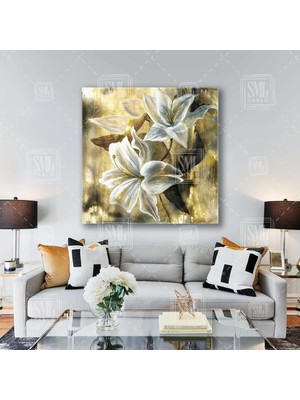 SML Tablo Altın Detaylı Lilyum Çiçekleri Beyaz Zarif Çiçek Gold Kare Kanvas Tablo