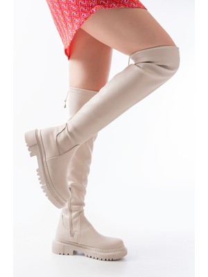 Alinn Butikk 812-2194 Bej Fermuarlı Diz Üstü Bağcıklı Çorap Günlük Kadın Çizme