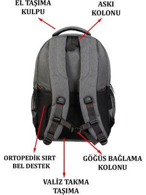 Terzi Bey Gri Sportif Darbe Emici Su Geçirmez 14-16 Inç Laptop Sırt Çantası