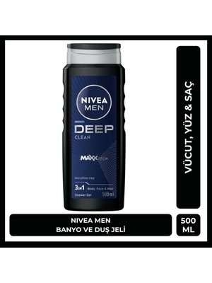 NIVEA MEN Deep Dimension Erkek Duş Jeli 500ml; 3ü1 Arada Vücut; Saç ve Yüz için Pratik Kullanım