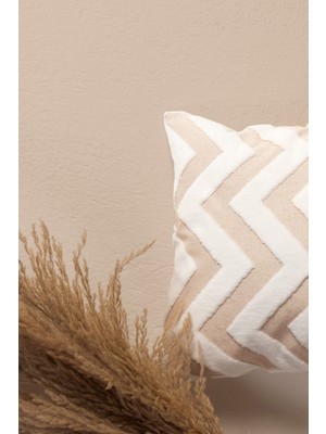 Hamur Bohem Özel Tasarım Punch Panç Desen Kare Dekoratif Kırlent Kılıfı Line Bej