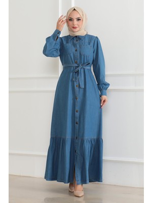Fırfır Detaylı Kot Elbise Açık Mavi 19225