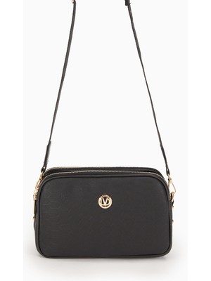 Levidor Siyah Çift Fermuarlı Petek Baskılı Omuz Çantası