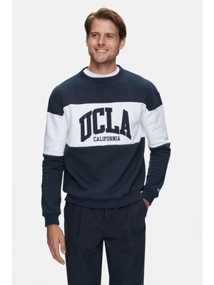 ARCHER Lacivert Bisiklet Yaka Nakışlı Şardonlu Loose Fit Erkek Sweatshirt