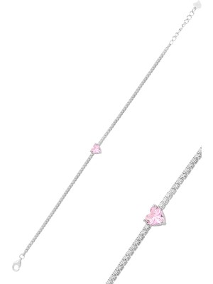 Söğütlü Silver Gümüş Beyaz Altın Rodyumlu Pembe Zirkon Taşlı Pırlanta Montürlü Kalpli Su Yolu Bileklik SGTL12614PEMBE