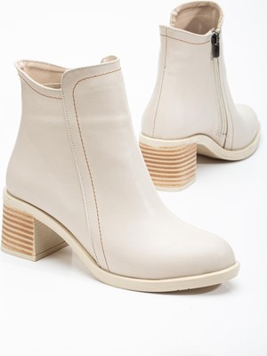 Dilimler Ayakkabı Kadın Topuklu Bot Bej Yüzüdüz Oval Burun Yan Parçalı