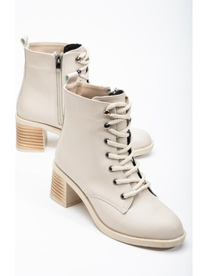 Dilimler Ayakkabı Kadın Topuklu Bot Bej Bağlı Suni Deri