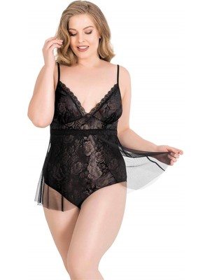 MOTTO10BUTIK Büyük Beden Siyah Bodysuit Jakarlı Gecelik