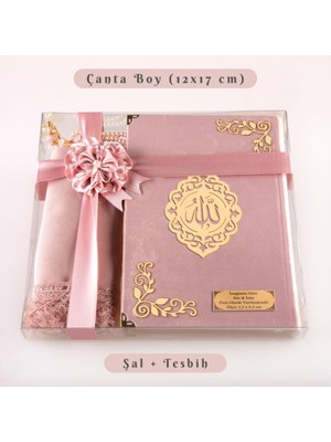 Şal + Tesbih + Kuran Hediye Seti (Çanta Boy, Kadife, Şems Lafzatullah, Pudra Pembe)