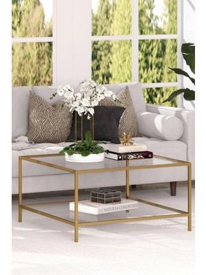 Tino Furniture Oslo Gold 2 Raflı Metal Kare Orta Sehpa Şeffaf Camlı