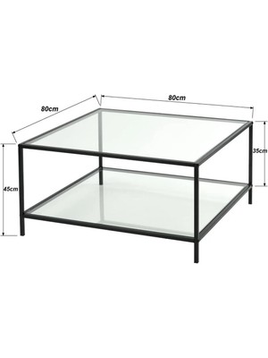 Tino Furniture Oslo Siyah 2 Raflı Metal Kare Orta Sehpa Şeffaf Camlı