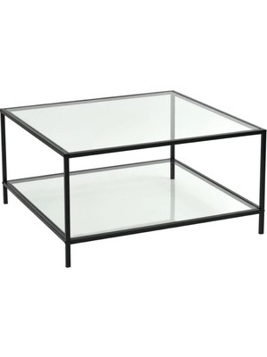 Tino Furniture Oslo Siyah 2 Raflı Metal Kare Orta Sehpa Şeffaf Camlı