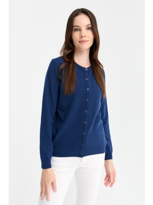 Desen Triko Kadın Sıfır Yaka Triko Yün Hırka Indigo