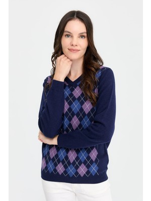Kadın V Yaka Baklavalı Yün Kazak Y.a Lacivert