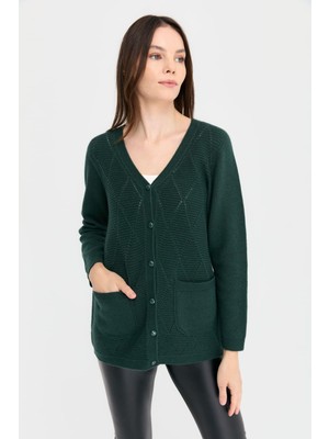 Desen Triko Kadın V Yaka Dikişsiz Önü Baklavalı Düğmeli Yün Hırka Yeşil