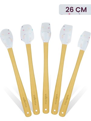 Valletta Indigo 5'li Beyaz Renkli Noktalı Bambu Silikon Spatula Seti Uzun 26 Cm