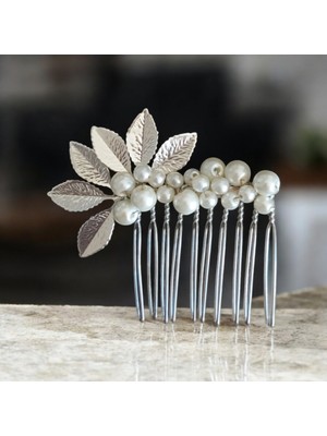 Eva Flore Incili Gümüş Yapraklı Gelin Nişan Lohusa Saç Tarak Tokası