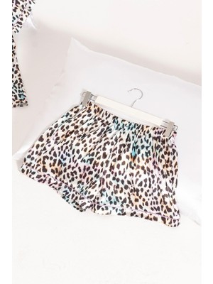 5'li Leopar Desenli Saten Pijama Şort Takım