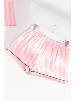 5'li Pembe Fuşya Çizgili Saten Pijama Şort Takım