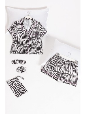 5'li Zebra Desenli Saten Pijama Şort Takım