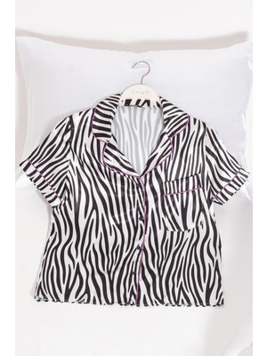 5'li Zebra Desenli Saten Pijama Şort Takım