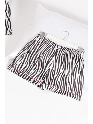 5'li Zebra Desenli Saten Pijama Şort Takım