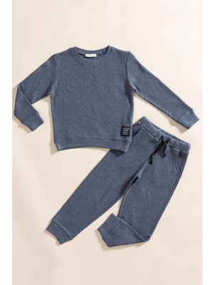 For You Kids 2'li Pamuk Waffle Sweat Jogger Indigo Alt Üst Takım