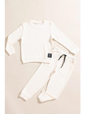 For You Kids 2'li Pamuk Waffle Sweat Jogger Ekru Alt Üst Takım