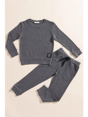 For You Kids 2'li Pamuk Waffle Sweat Jogger Antrasit Alt Üst Takım