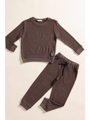 For You Kids 2'li Pamuk Waffle Sweat Jogger Kahverengi Alt Üst Takım