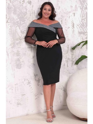 For Esra Big Trend Kadın Omuz Açık Gümüş Detay Uzun Kol Tül  Midi Esnek Dokuma Abiye Elbise