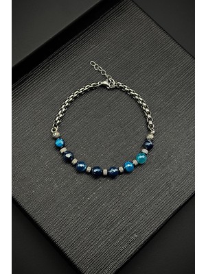 Frnch 316L Çelik Italyan Model Titanyum Kaplama Akik Doğal Taşlı Mavi Renkli Erkek Bileklik FRJ12259-3259-M2