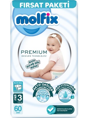 Molfix Premium Bebek Bezi 60 Adet Beden:3 (4-9kg) Yumuşak ve Hızlı Emici Teknoloji