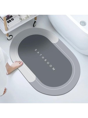 Banyo Paspası-Kaymaz Tabanlı-Süper Emici Banyo Paspası-Abdest Paspası-Oval (Gri)