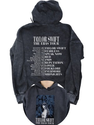 Fuddy Moda Unisex Taylor Swift Eras Tour Sırt Baskılı Kapüşonlu Yıkamalı Sweatshirt, Oversize Vintage Hoodie