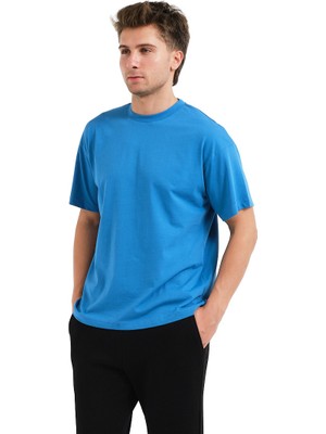 Justever 100% Pamuk Basic Fit Bisiklet Yaka Mavi Erkek T-Shirt - Alpha