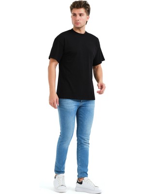 Justever 100% Pamuk Basic Fit Bisiklet Yaka Siyah Erkek T-Shirt - Alpha