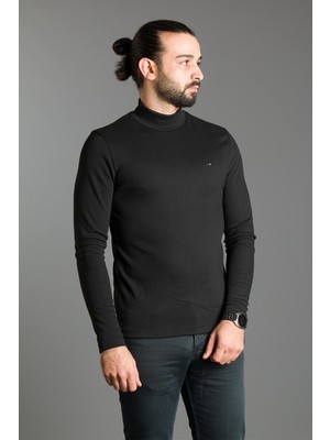 Zeki Özer Erkek Siyah Düz Soft Yarım Balıkçı-Boğazlı Kazak