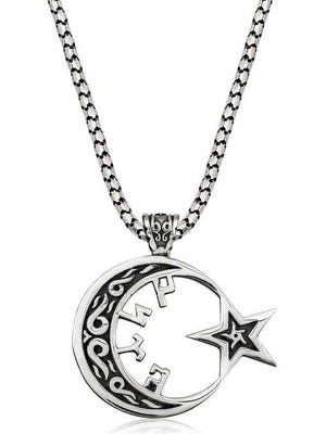 Skygo Gümüş Göktürkçe Türk Yazılı Ay Yıldız Erkek Kolye