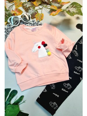 CemBebe Kız Çocuk Içi Pamuklu Tayt Sweatshirt Kışlık Pembe Eşofman Takımı