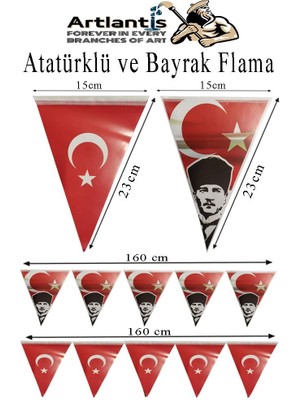 Artlantis Bayrak Ve Atatürklü Flama 2 adet Ay Yıldız Bayraklı Atalı Flama Süsleme 29 Ekim 23 Nisan Üçgen Kağıt Flama Okul Sınıf Süsü