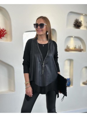 AKN Butik Kadın Uzun Kol Asimetrik Kesim Bluz ve Asimetrik Kesim Fermuar Detay Deri Yelek Ikili Takım