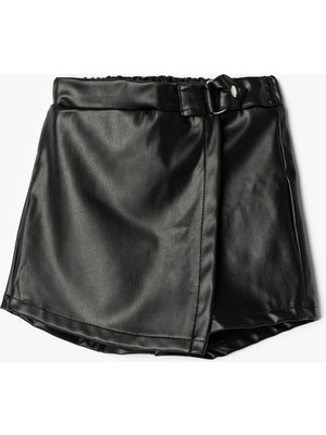 Koton Şort Etek Deri Görünümlü Beli Lastikli Toka Detaylı