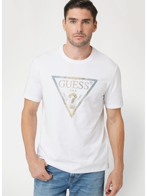 Guess Beyaz Erkek T-Shirt M4BI35J1314G011 Ss Cn Multıcol Trıa