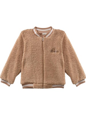 Erkek Bebek Nakış Detaylı Peluş Mont - Bej