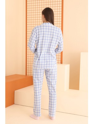 Nbb Mavi Plaid Stripes Önden Düğmeli Pijama Takımı 68081