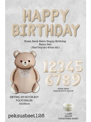 Pekshop Retro Ayı Happy Birthday Ve Krem Yaş Balonlu Retro Doğum Günü Balon Süsleme Seti