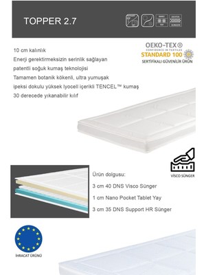 Topper 2.7 - Serinletici Soğuk & Tencel™ Kılıflı Nano Paket Yaylı Visco Yatak Pedi - Yıkanabilir