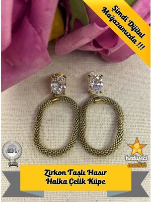 316 L Zirkon Taşlı Hasır Halka Jessica Gold Paslanmaz Çelik Küpe - HMKÜ-0008